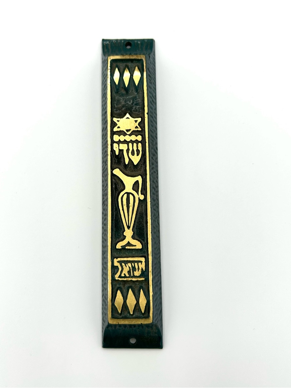 Vintage Brass Mezuzah Case Judaica Hebrew Scroll Holder Teal and Gold